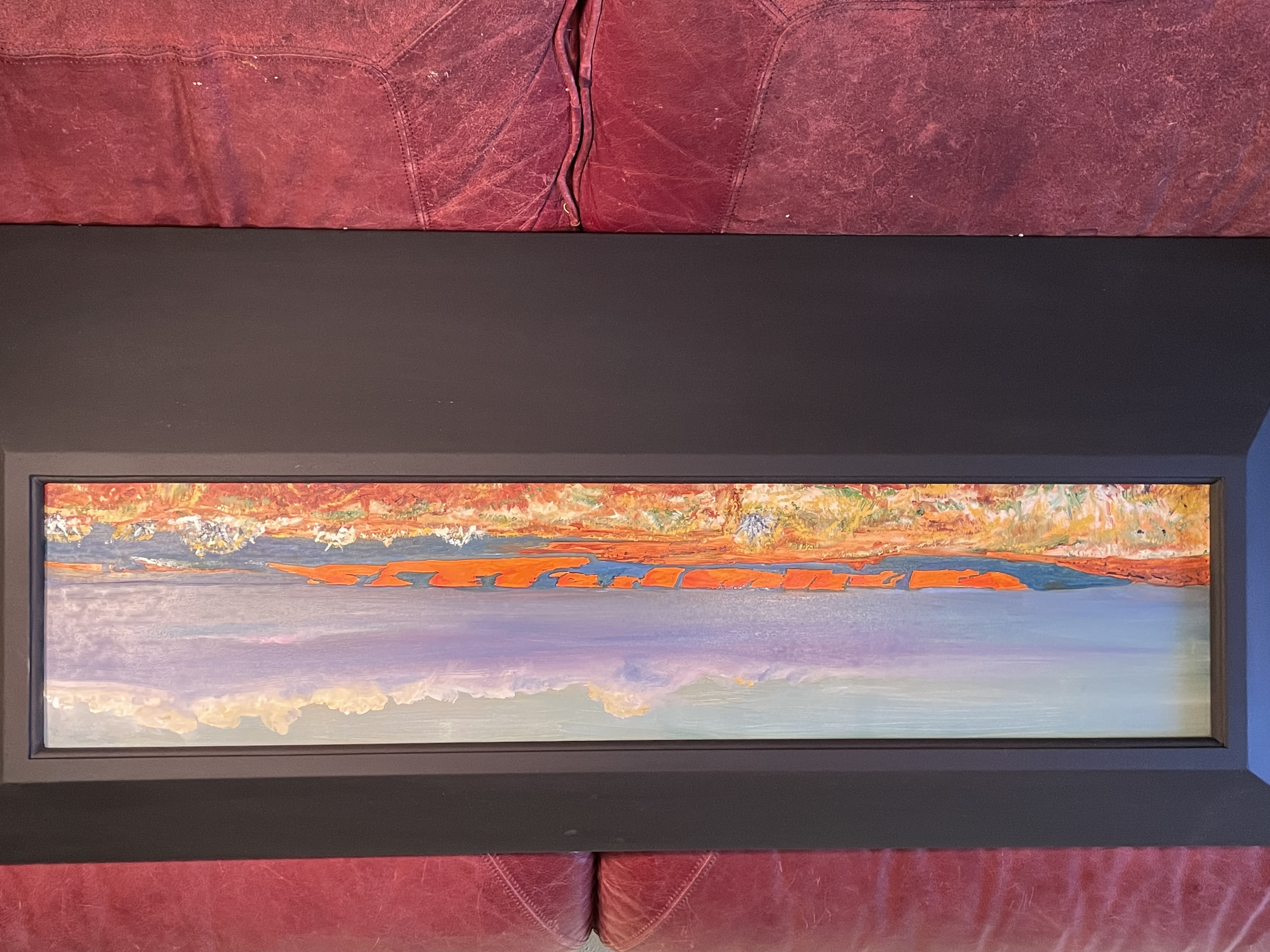painting of orange mesa with desert plants in foreground and lavender clouds in the sky