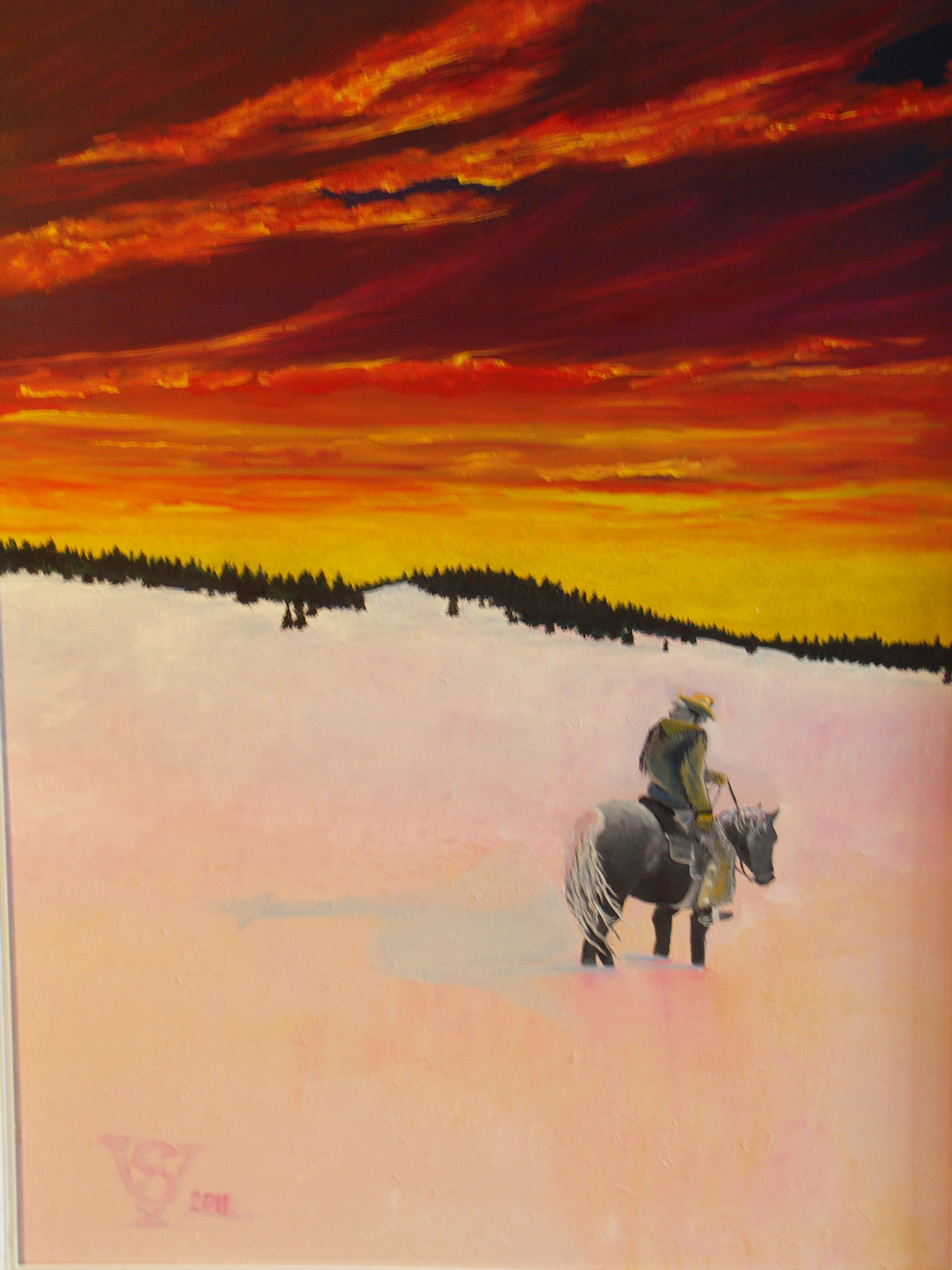 painting of cowboy on a horse at sunset in the winter with red and yellow sky and snow on the gound