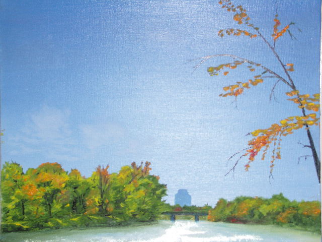 painting of river and green and fall trees on riverbank