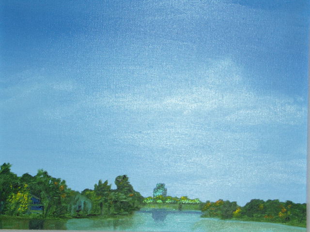 painting of blue green river with trees on the riverbank and big blue sky