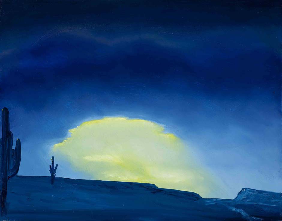 painting of late evening blue desert and cactus plants with last light from the sun