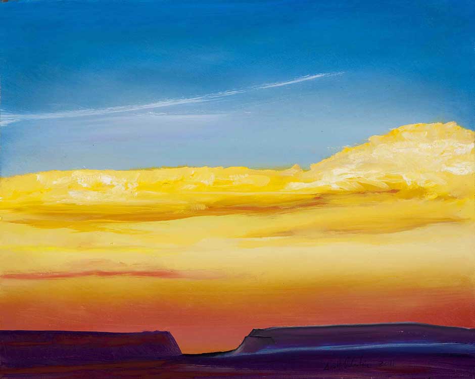 painting of desert canyon in the distance with yellow and orange clouds and blue sky