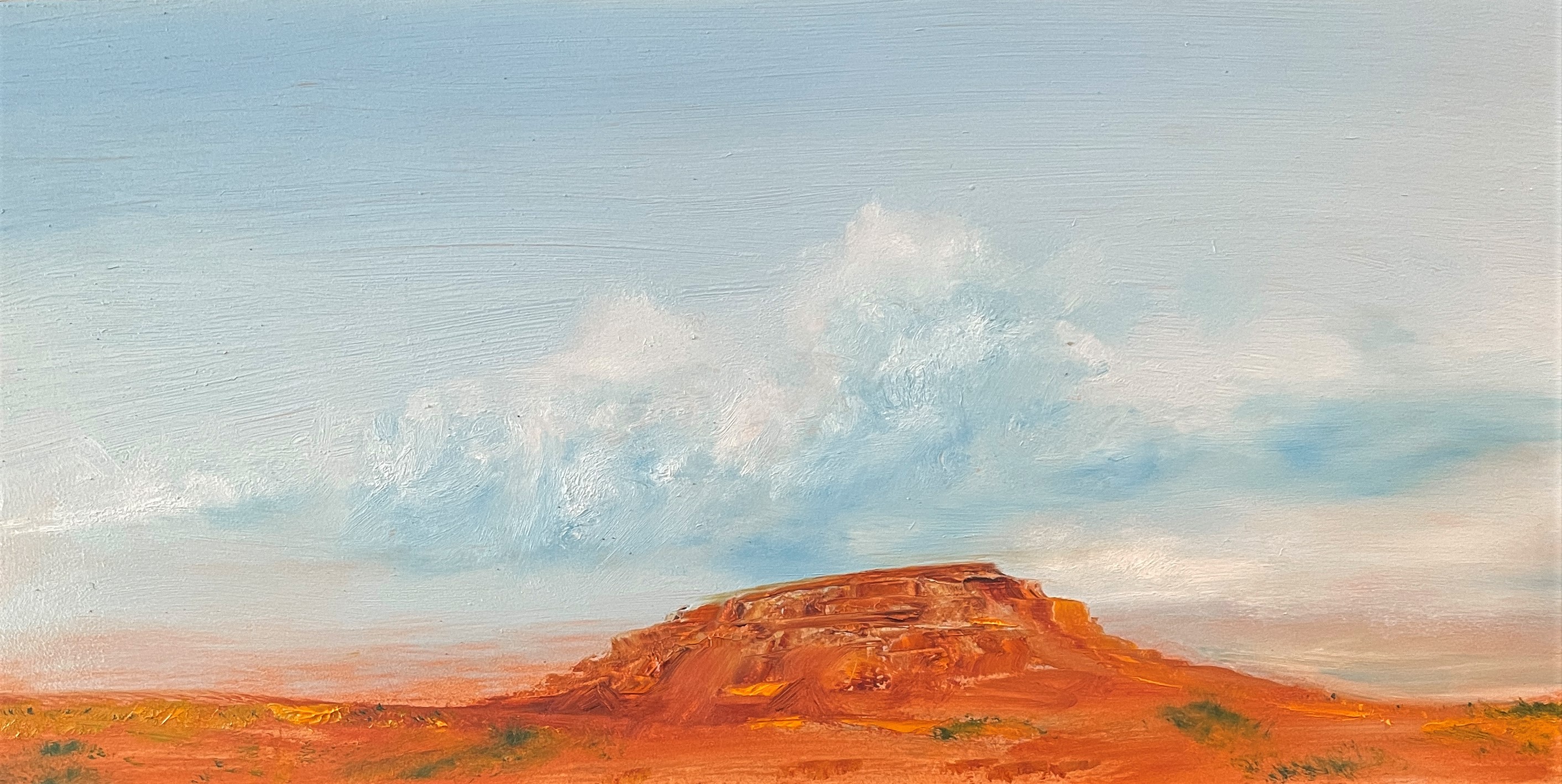 painting of orange mesa with light blue cloudy sky