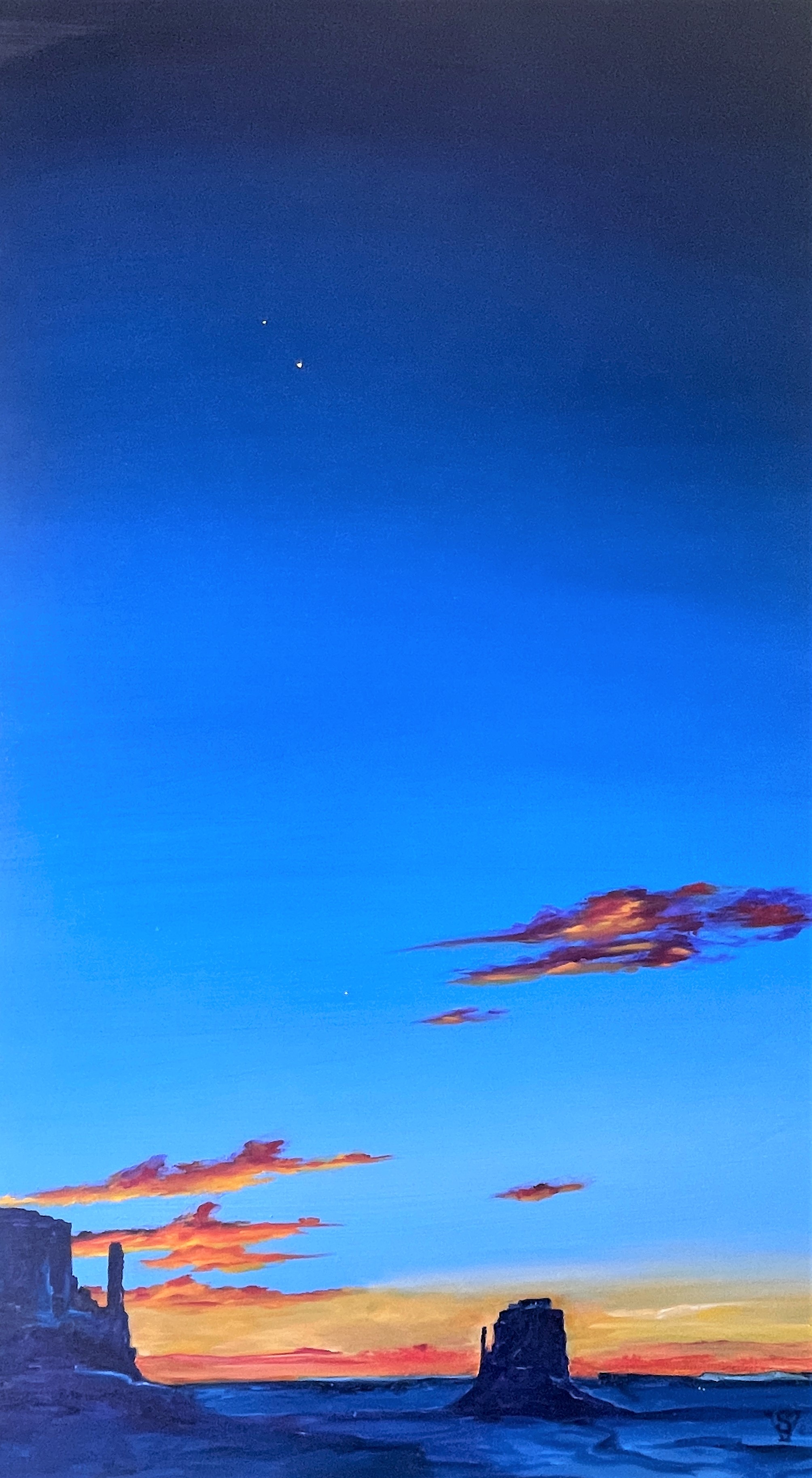 painting of Monument Valley rock formations at sunrise with blue sky and some pink and orange wispy clouds