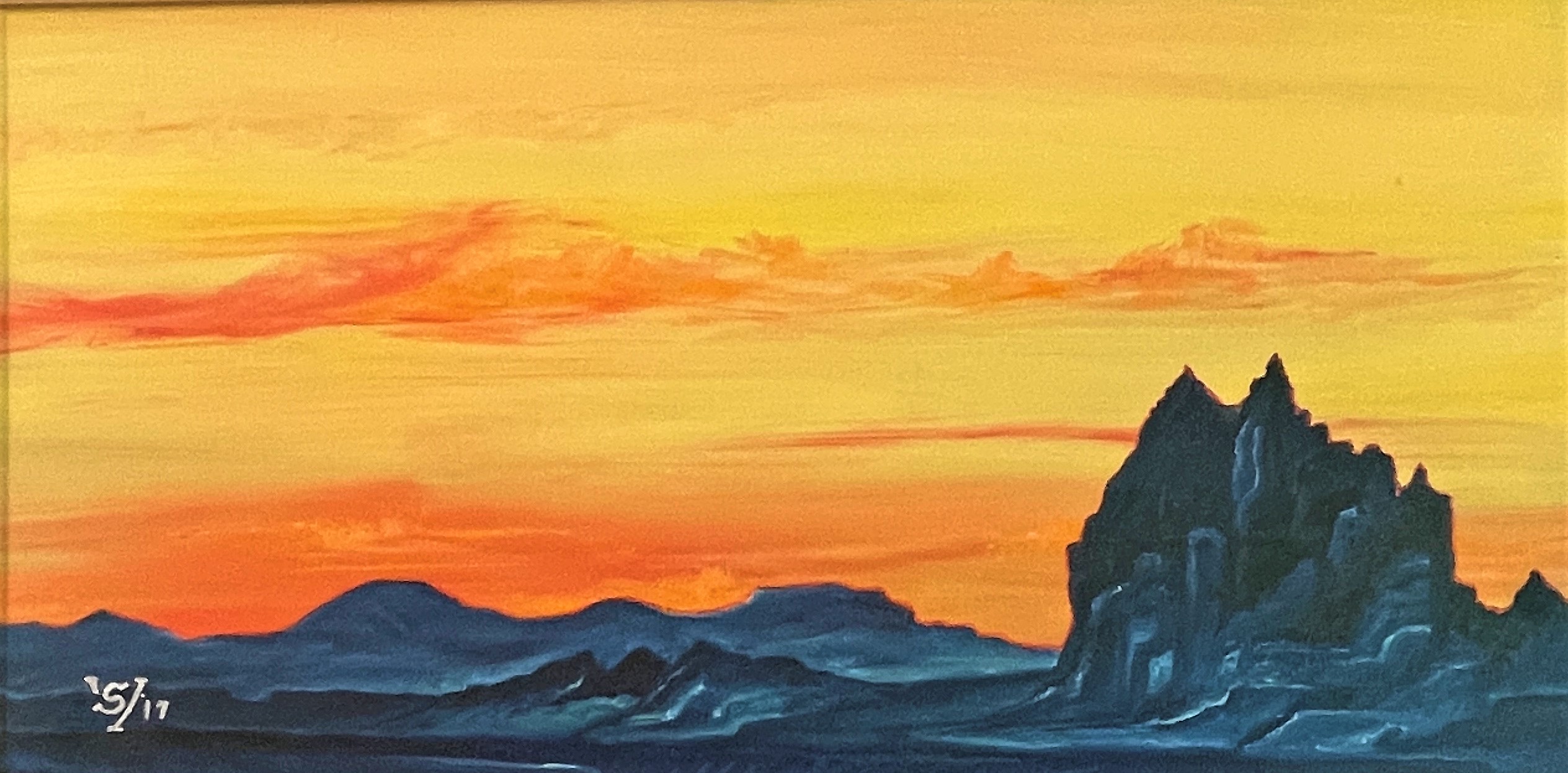 painting of Shiprock silhouetted by a yellow and orange sky at sunset