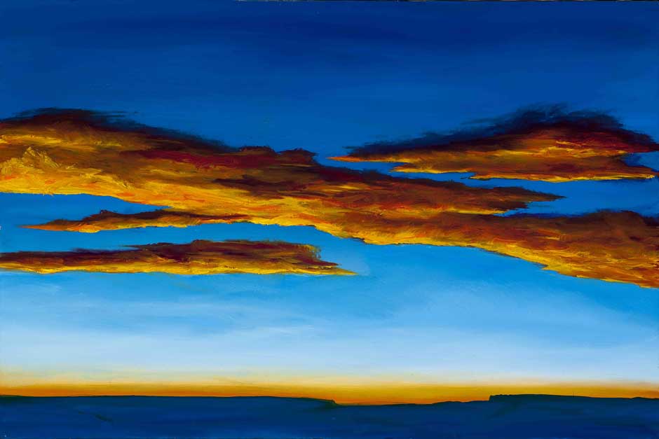 painting of silhouette of a blue mesa at sunset with big orange clouds