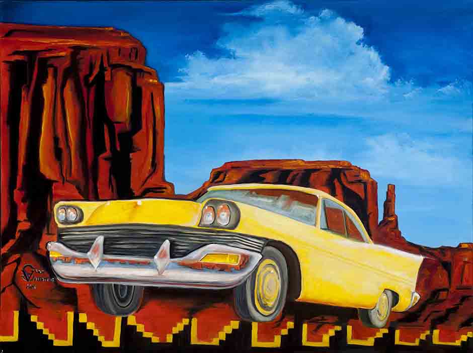 painting of old classic yellow car in the desert with bright blue sky