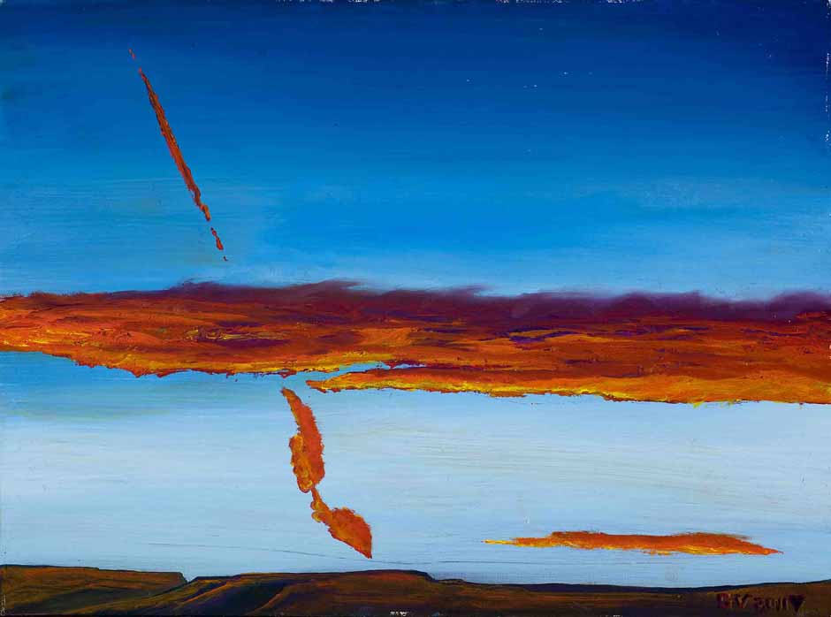 painting of orange clouds and contrails in the blue sky at sunset