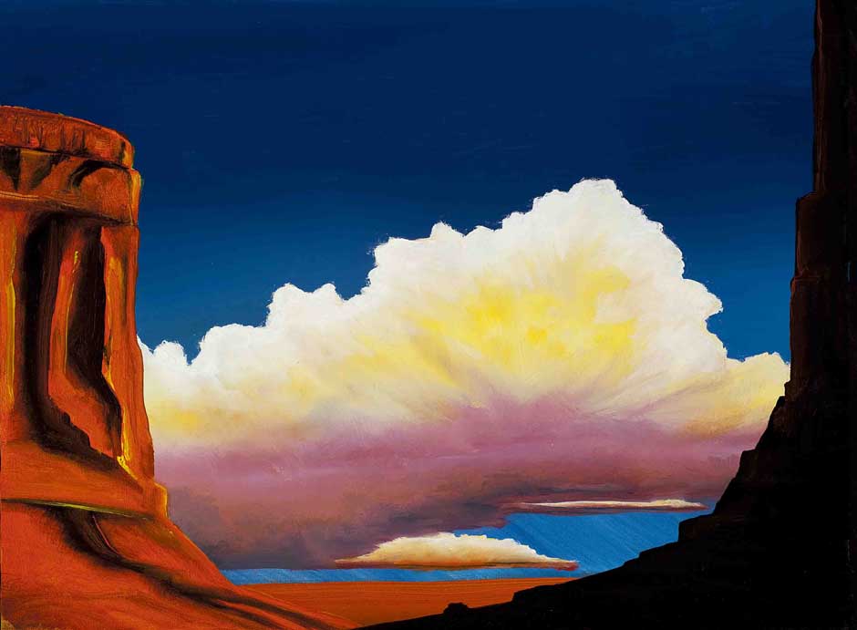 painting of red desert mesas in the shade and pink and yellow cloud
