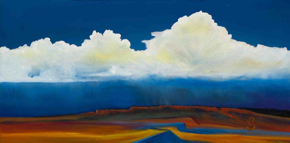 painting of rain clouds moving in over the red desert sand