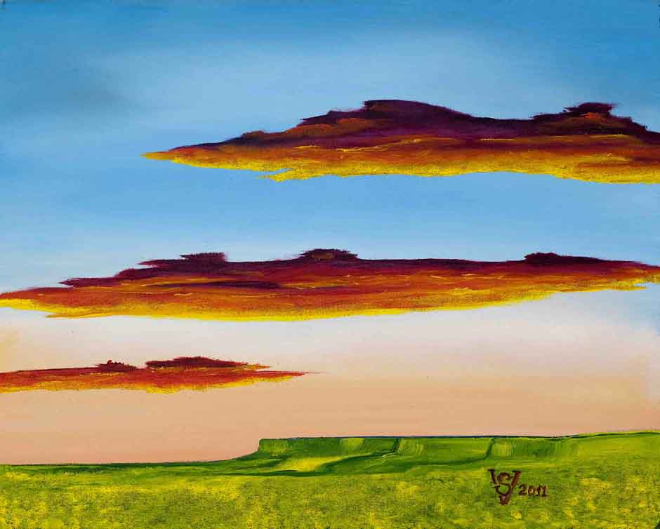 painting of desert in the springtime green mesas and grass, orange and yellow clouds at sunset