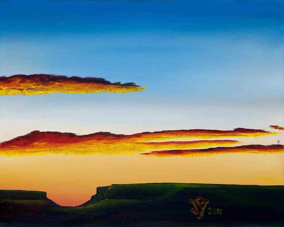 painting of sunset in the desert with blue and orange sky and wispy clouds
