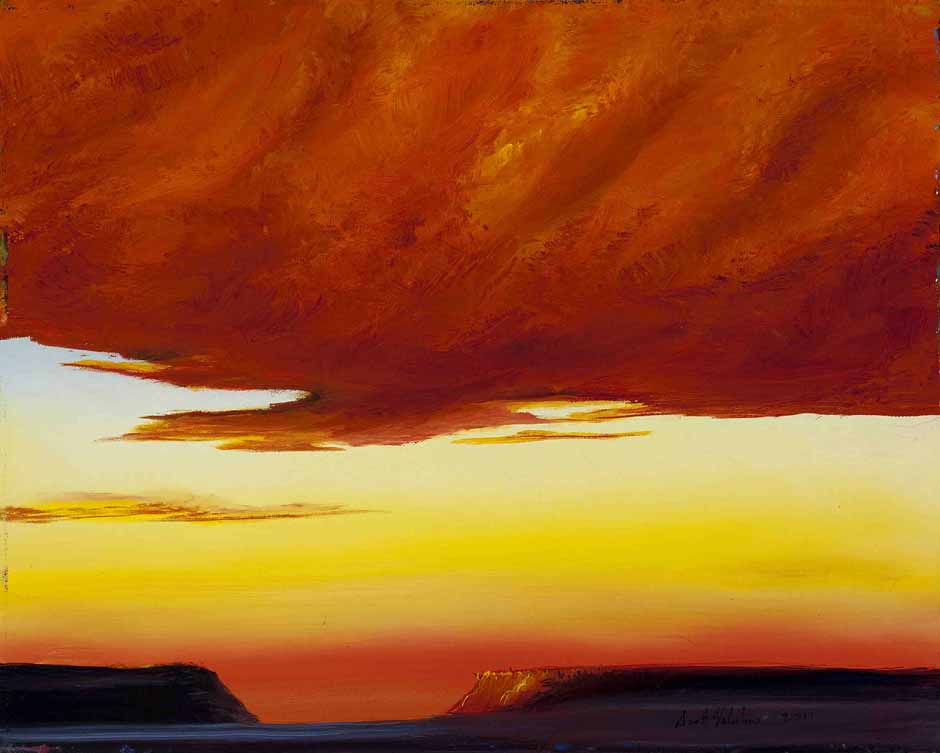 painting of orange and yellow sky with big clouds over a canyon in the desert