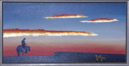 painting of cowboy on horse in desert in the evening