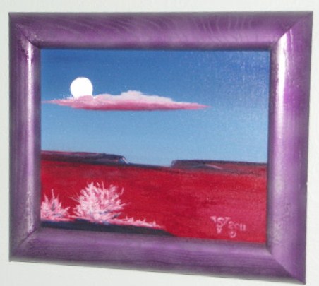 painting of pink desert at night with full moon and purple cloud