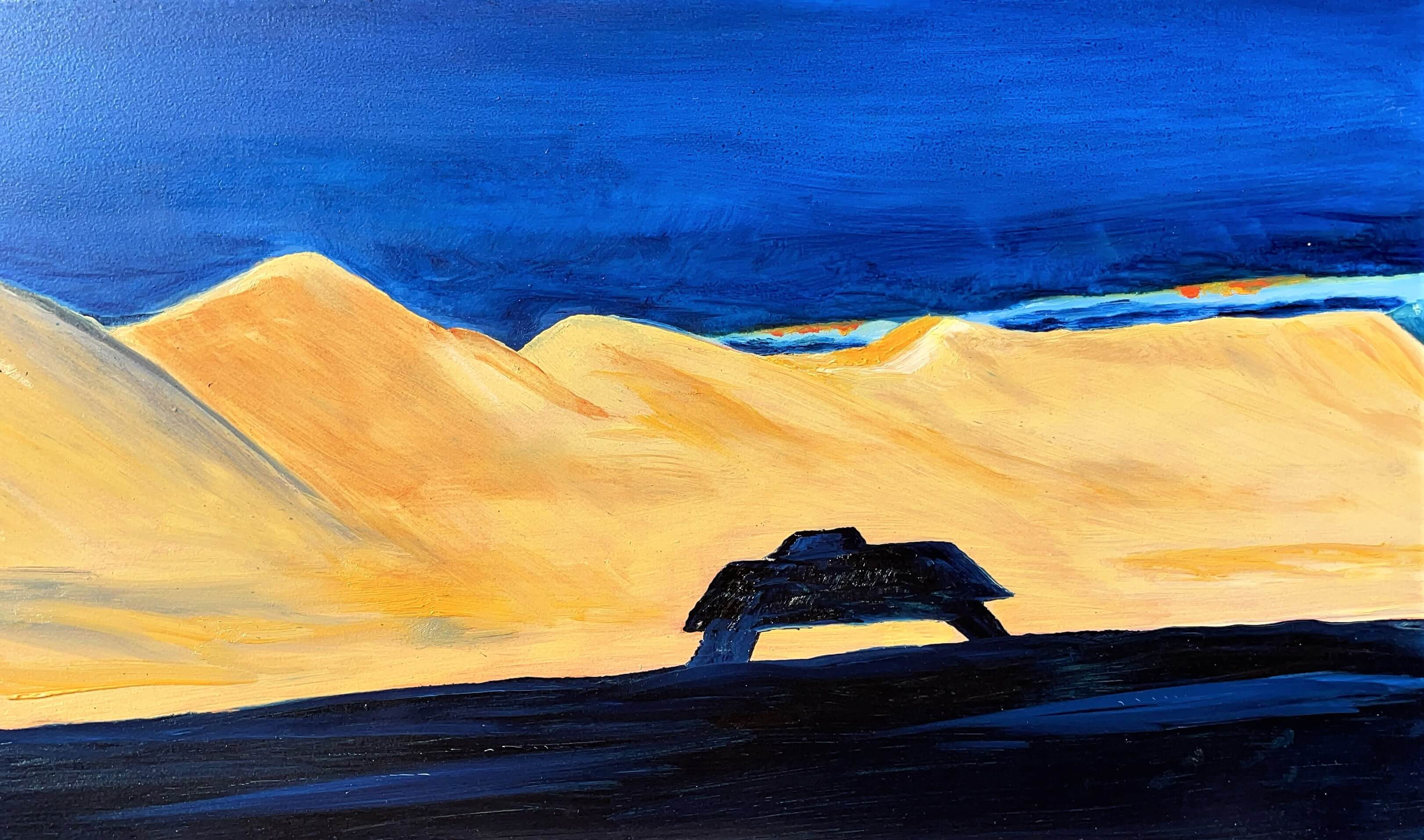 painting of truck silhouette driving on a road in the desert with blue sky and yellow hills