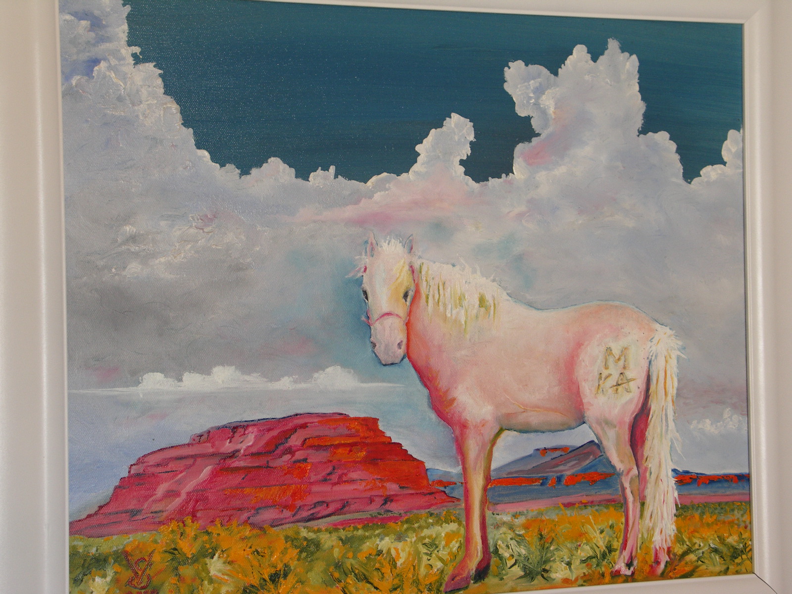 painting of white horse, white clouds and pink mesa